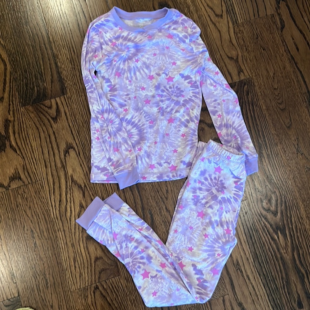 Girls long sleeve pajama set, purple/pink print, size 10